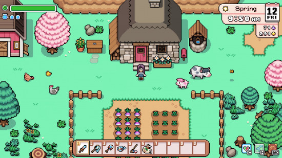 The pixel, pastel, top-down world of Fields of Mistria, a Stardew Valley-like farming game.