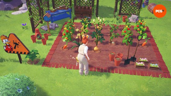 A player waters their crops in Disney Dreamlight Valley, one of the best farming games.