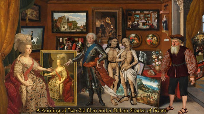 A screenshot from Death of the Reprobate showing a man entering an art gallery occupied by two nobles and two rotten zombies.