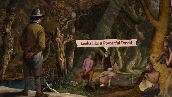 A screenshot from Death of the Reprobate showing a forest scene with a man standing in the foreground facing some gravediggers. One of the men says 'Looks like a Powerful David'.