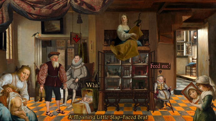 A screenshot from Death of the Reprobate showing a raucous dining room scene with several screaming children and exasperated adults while a lute player sits on a large doll house in the centre.