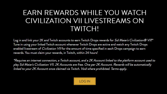 The details of the Civ 7 twitch drops campaign and a log in button from the official Civ 7 website.