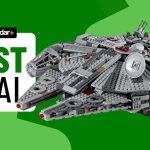 Lego Millennium Falcon set beside a 'best deal' badge, against a green background