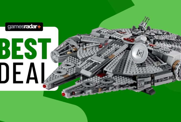 Lego Millennium Falcon set beside a 'best deal' badge, against a green background