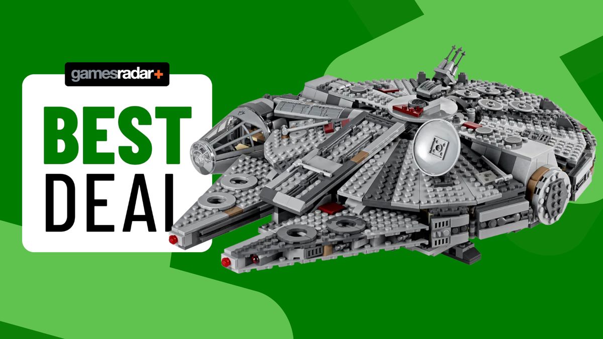 Lego Millennium Falcon set beside a 'best deal' badge, against a green background