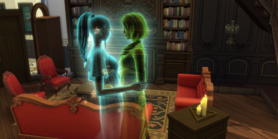 Two female sims snuggle up together in front of a sofa.