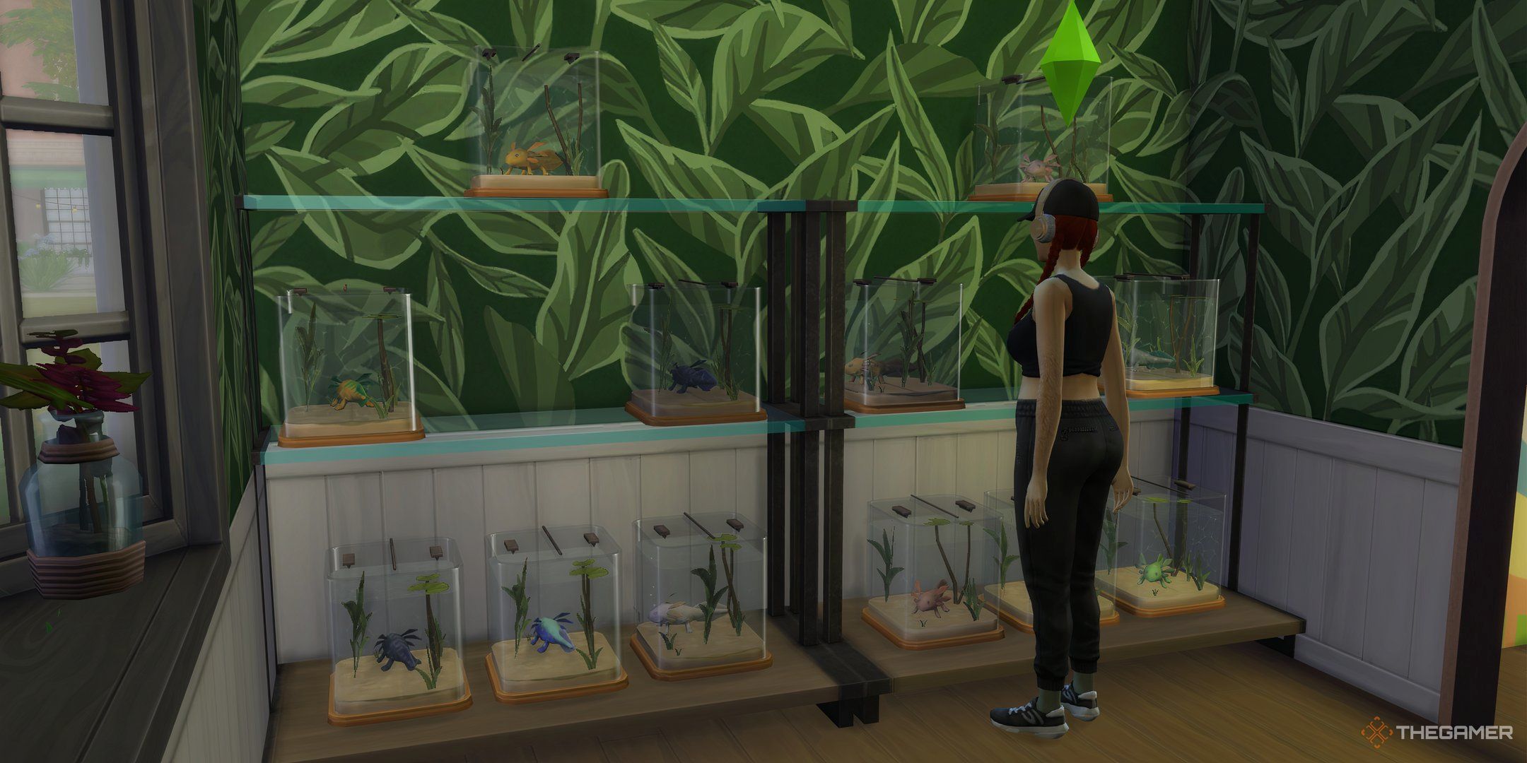 A Sim with her axolotl collection in The Sims 4.-1