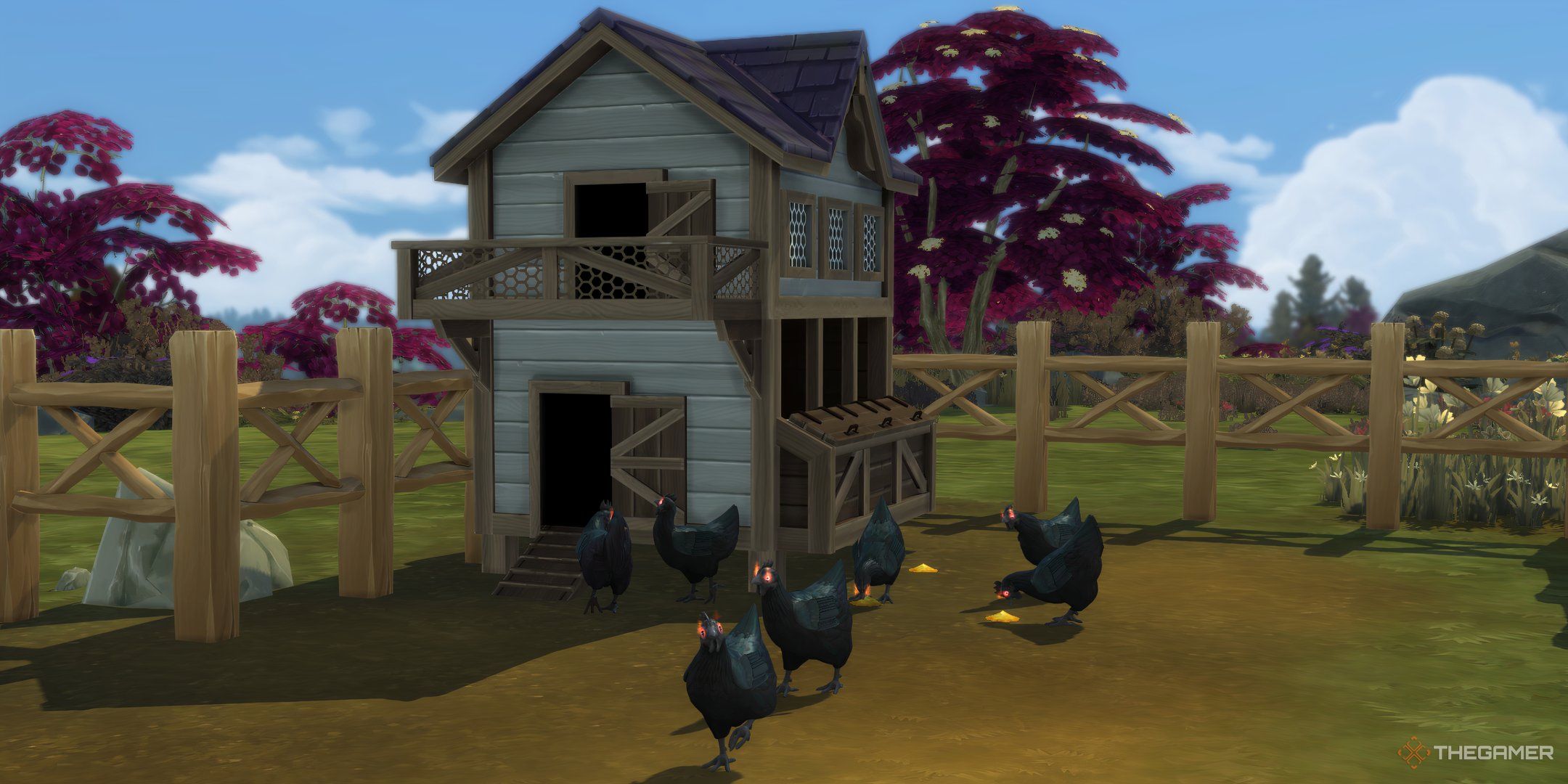 An army of evil chickens in The Sims 4 Cottage Living outside a coop surrounded by a fence.