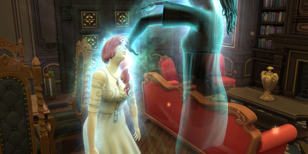 A ghost blesses a sim.