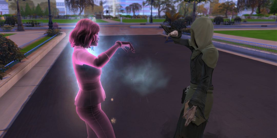 A pink ghost fistbumps with the Grim Reaper.