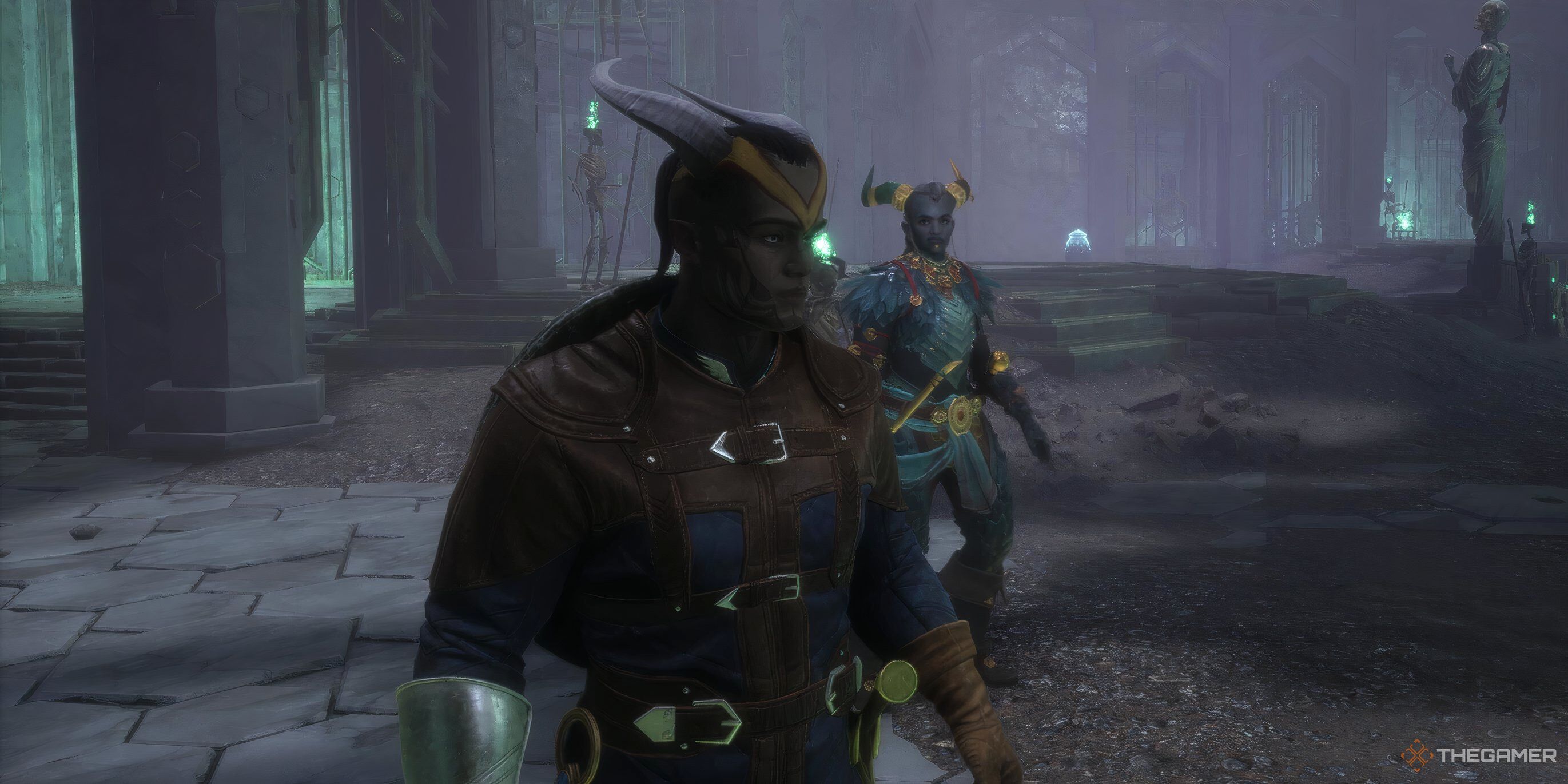 Rook with Taash standing behind him in Dragon Age: The Veilguard.