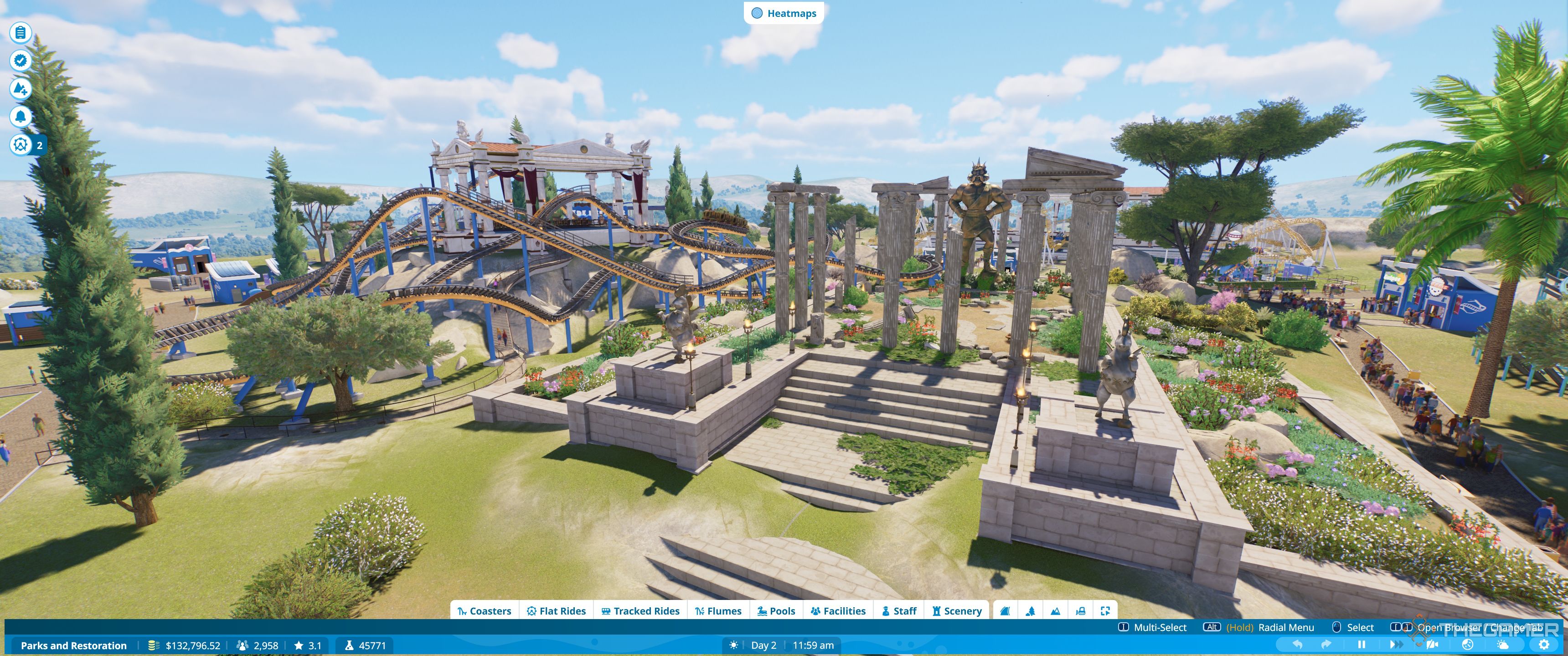 Planet coaster 2 greek mythology themed rollercoaster with visible ui.