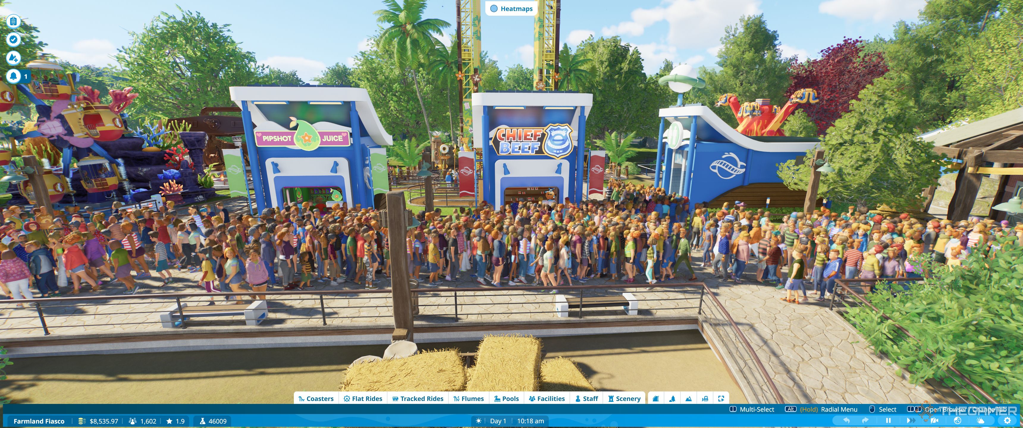 Planet Coaster 2 very overcrowded path by some shops.