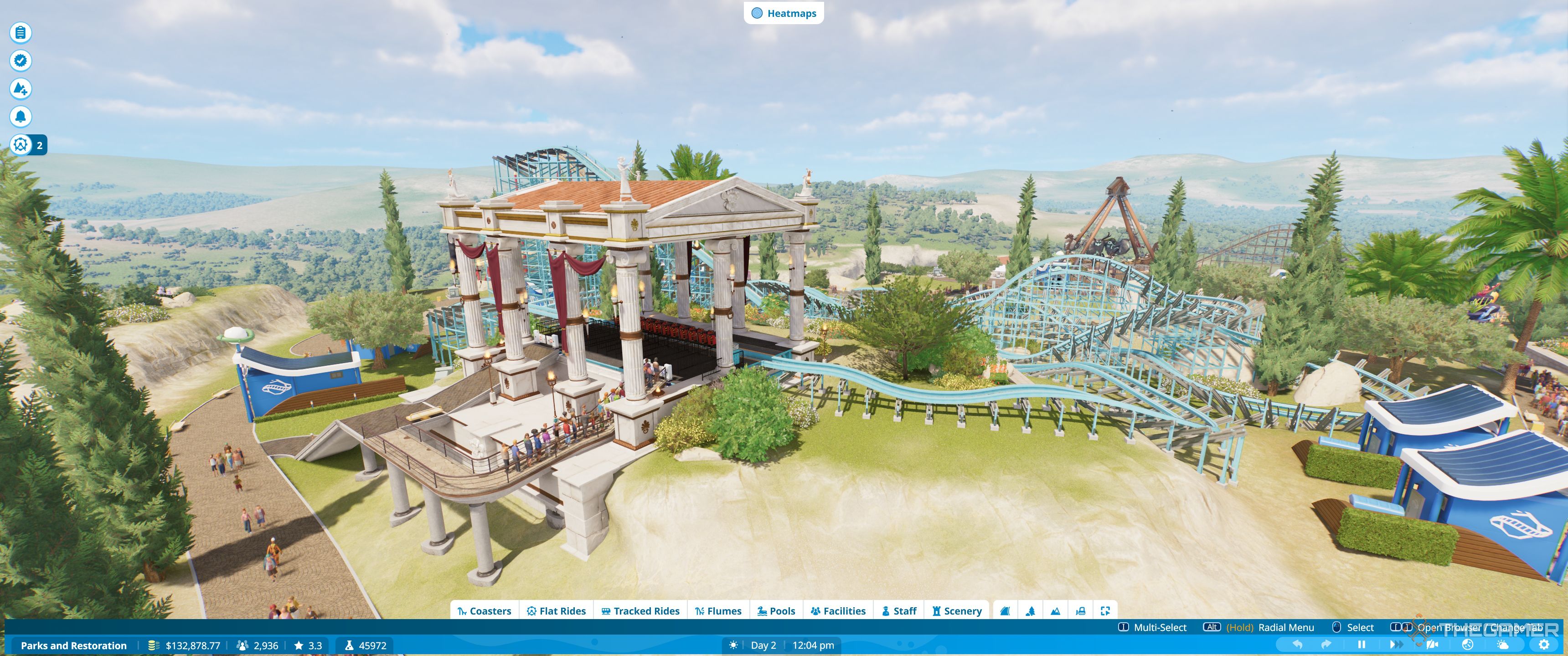 Planet Coaster 2 greek coaster from a distance.