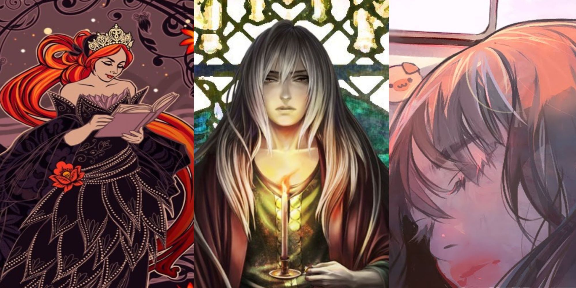 Split image of three different visual novel games