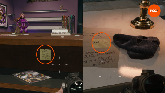 Split image highlights two of the sticky notes revealing part of the Black Ops 6 Liberty Falls vault code numbers.