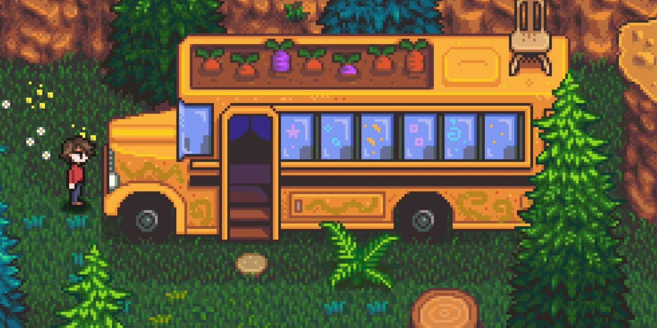 A character standing in front of a bus from Haunted Chocolatier