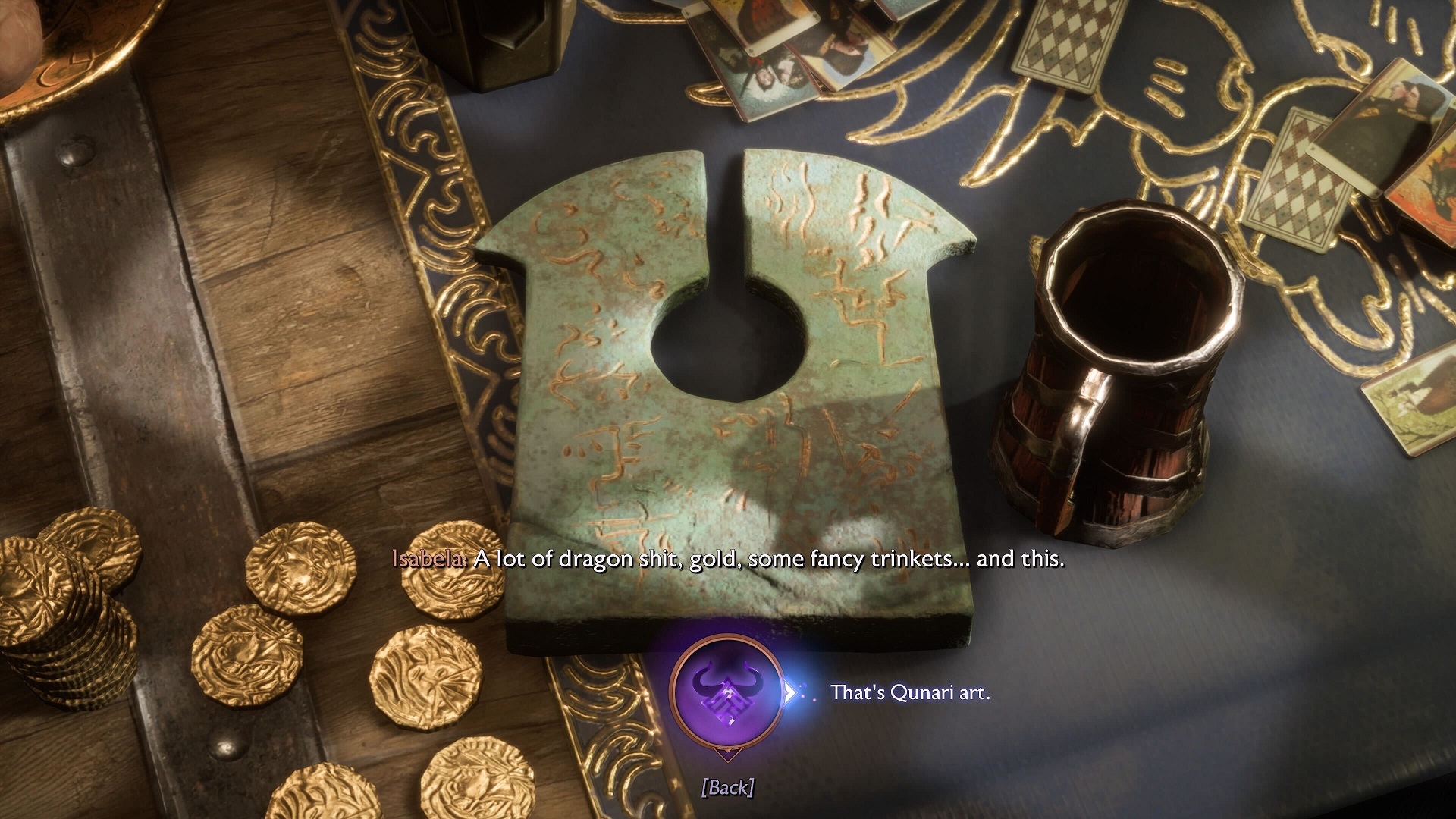 Dragon Age: The Veilguard screenshot of a Dragon Trinket and a Qunari repsonse