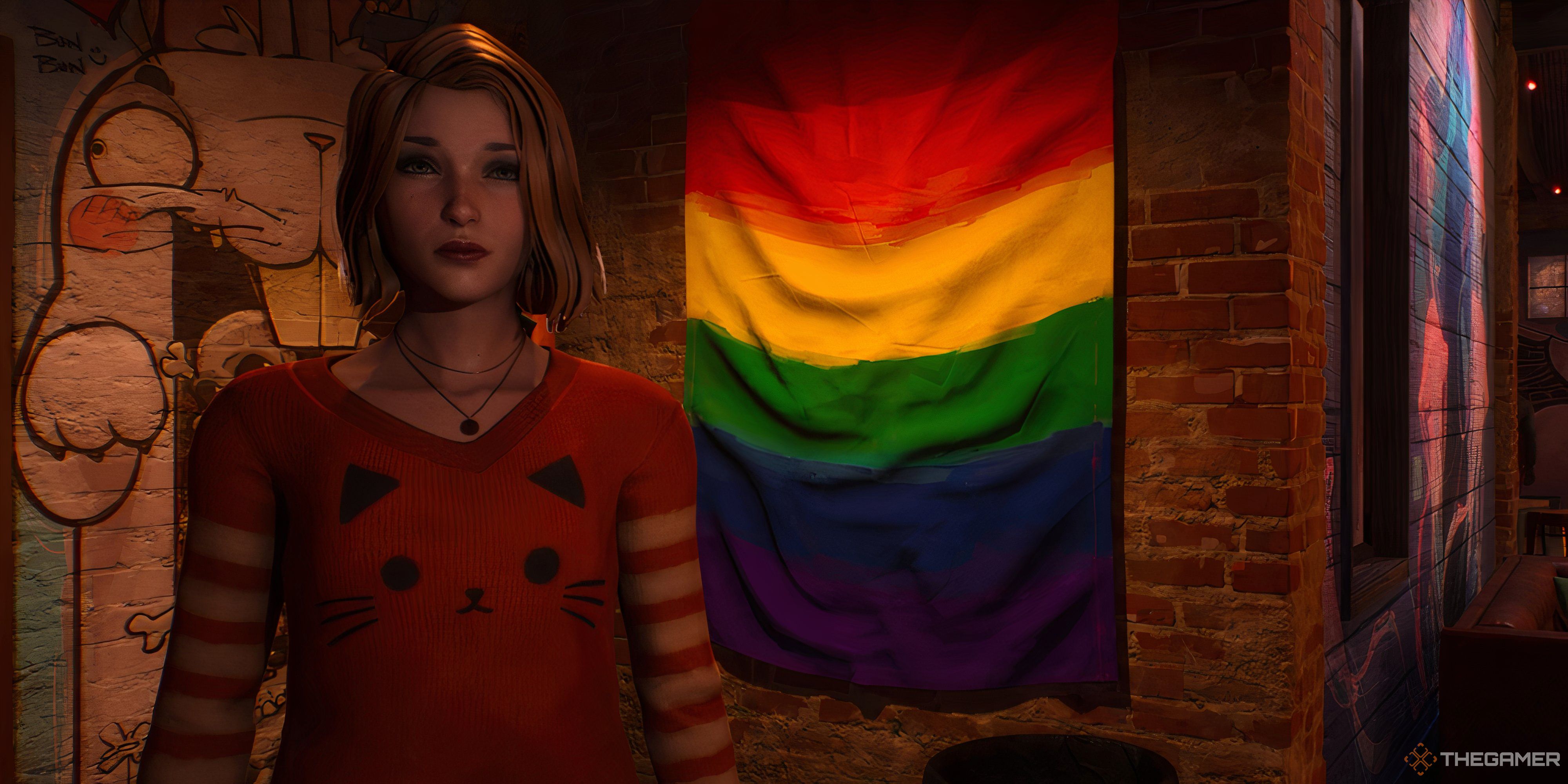 Max Caulfield in front of Pride flag in Life is Strange