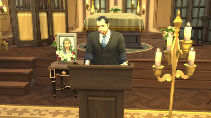 Tony Soprano giving a eulogy in The Sims 4.