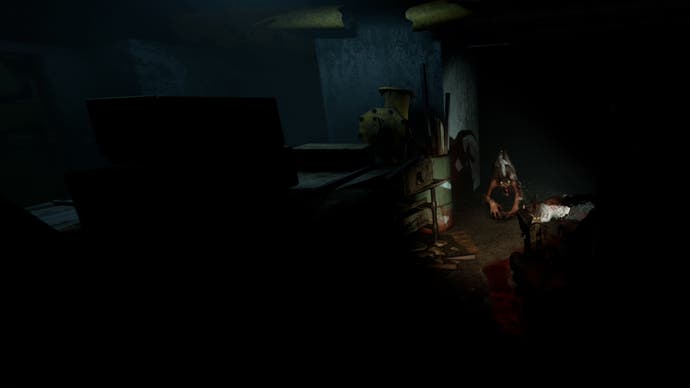 A Lurker monster from Metro Awakening VR is rushing out of the shadows towards the player character who is aiming at them with a pistol. The lurkers are like big rats and they make horrible growling noises.