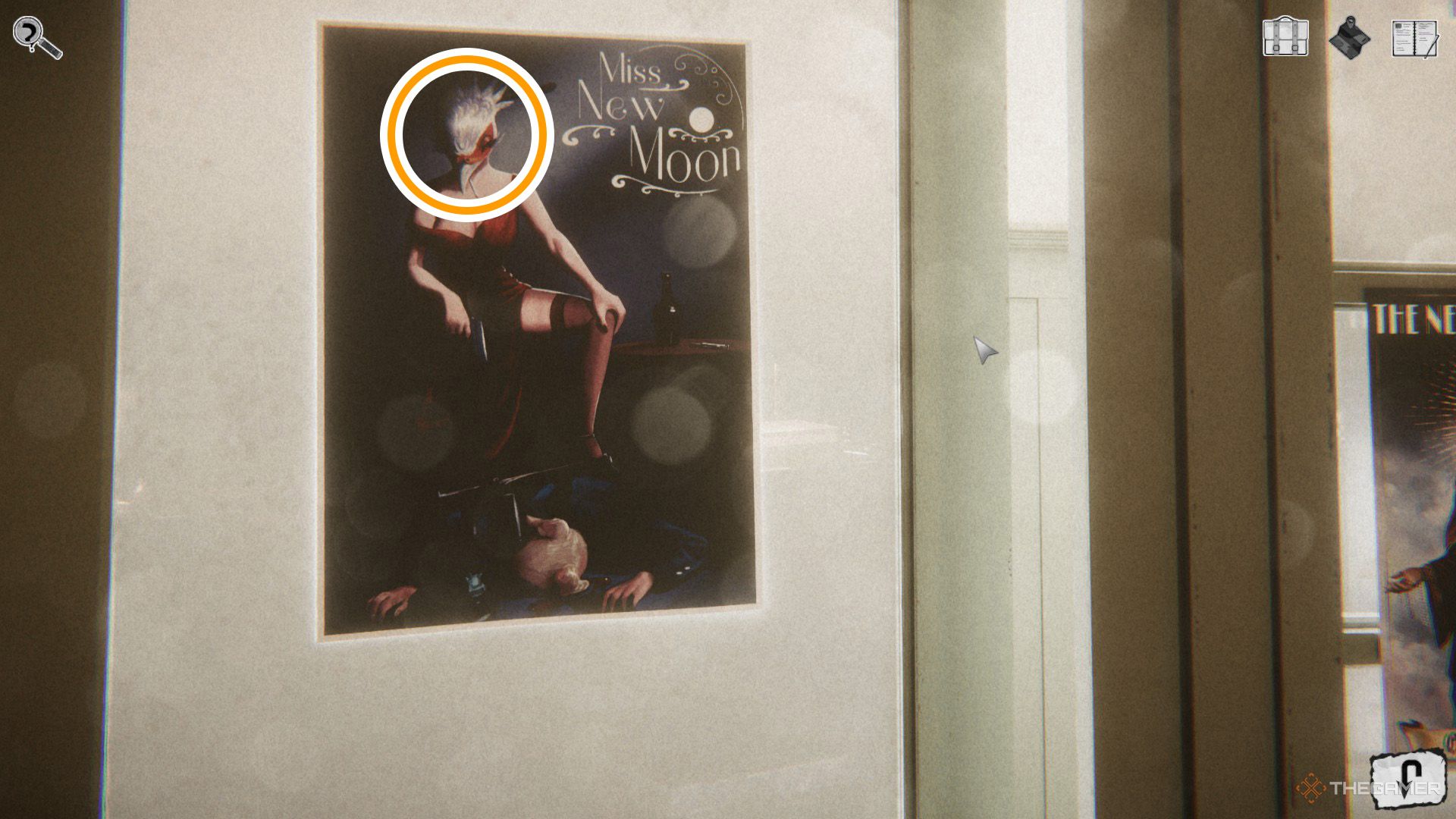 An orange circle shows the location of a secret item on a poster in Chicken Police - Into The Hive