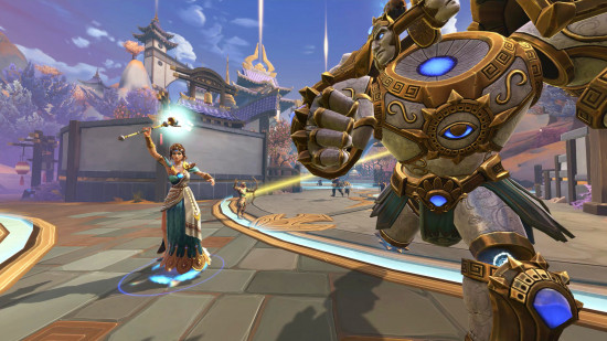 Best viking games: a giant obelisk creature next to a mage casting in Smite