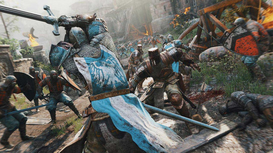 Best viking games: a warrior clad in blue and white fighting in For Honor