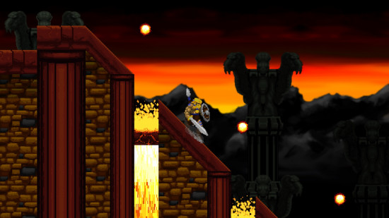 Best viking games: Volgarr the Viking running down a castle with lava in the background