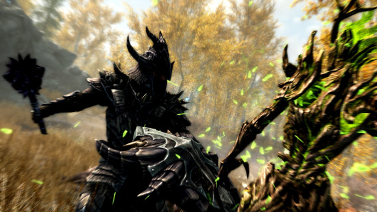 Best viking games: a black armored dragonborn in Skyrim