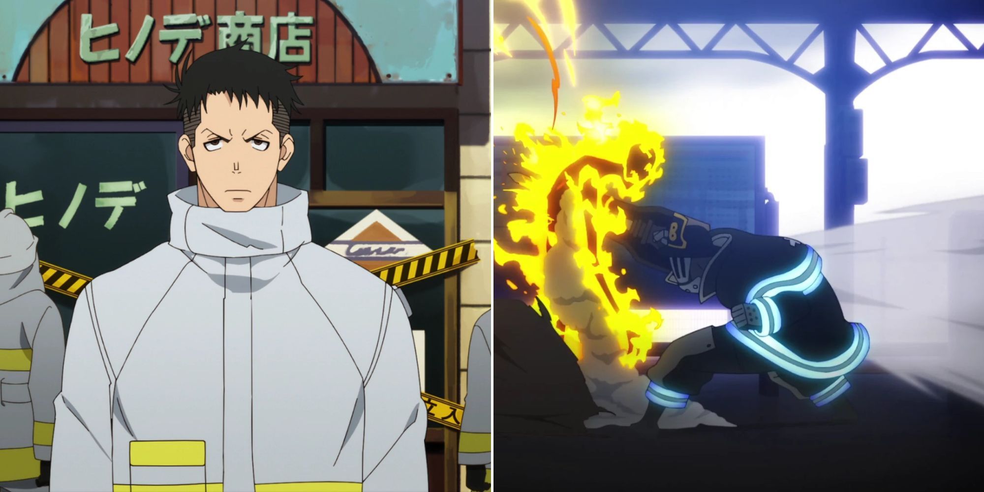 Captain Obi in civilian clothes and Captain Obi fighting an Infernal in Episode 1.