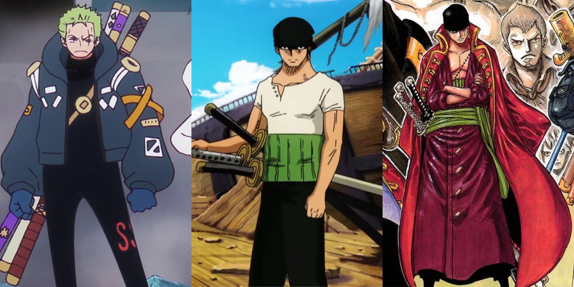 A collage of 3 of Zoro's different outfits: His Egghead outfit, his original outfit and his Film: Z outfit.