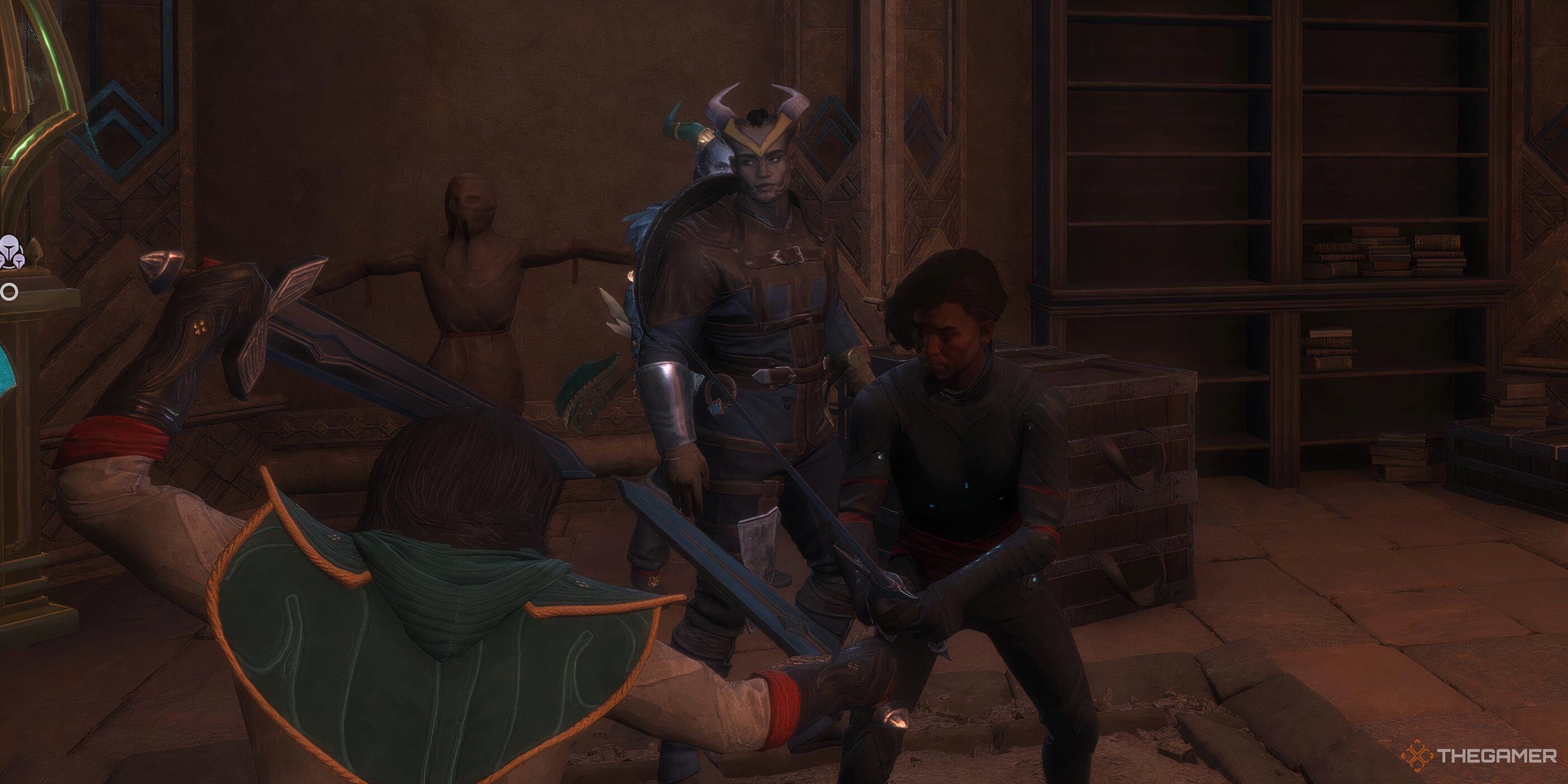 Rook behind two characters fighting in Dragon Age: The Veilguard.