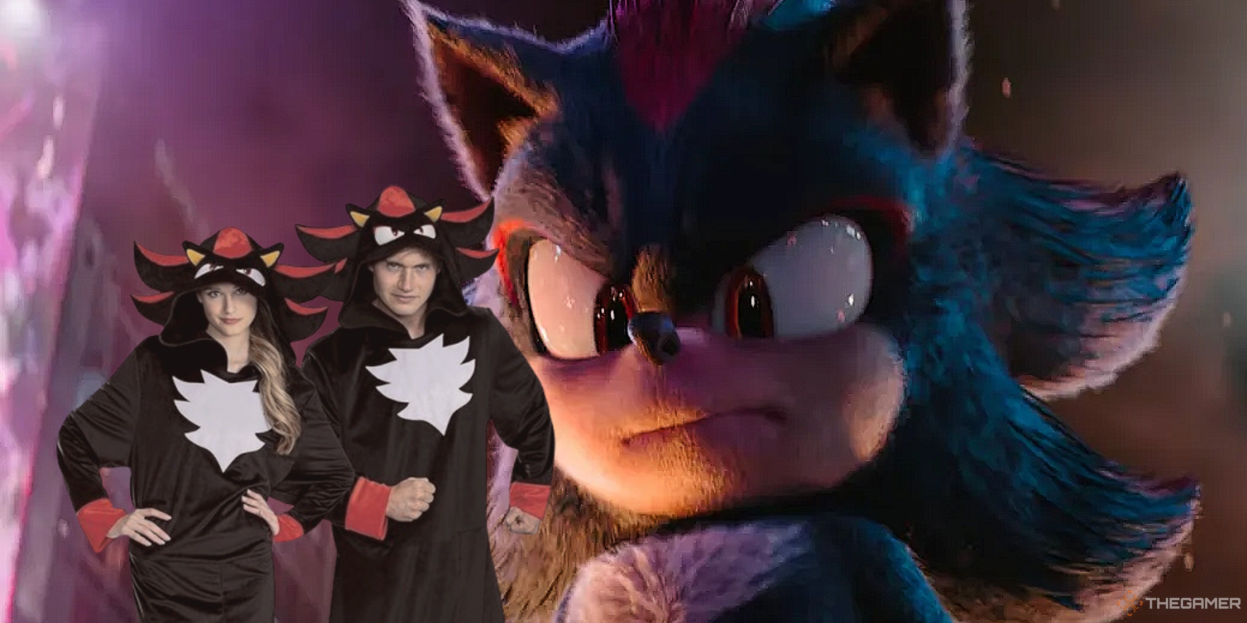 shadow the hedgehog looking down at two people wearing shadow costumes