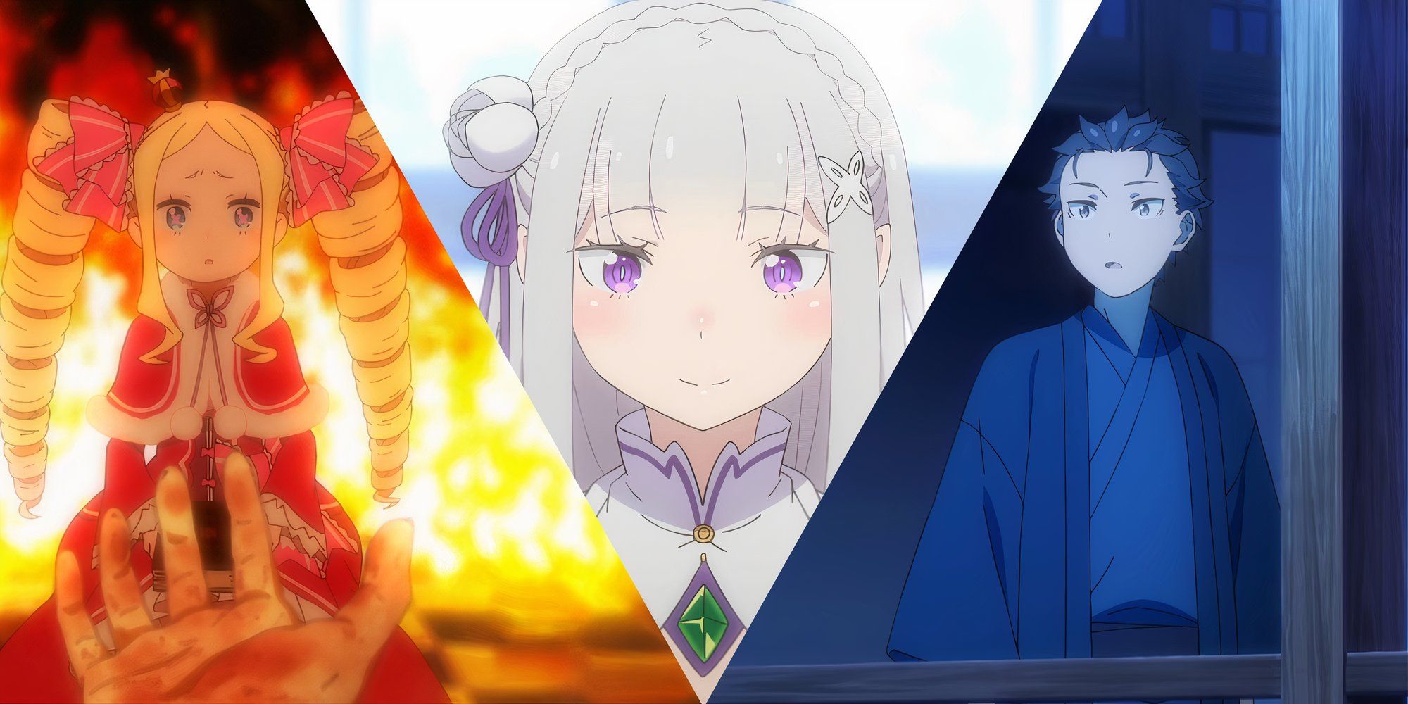 Beatrice surrounded by fire, Emilia, and Subaru in a yukata in Re:Zero