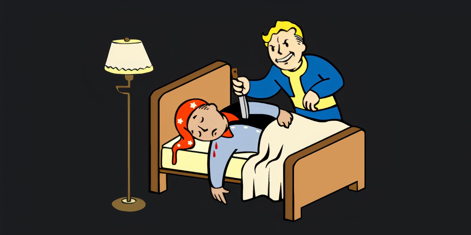 Vault Boy stabs a man while he's asleep in his own bed