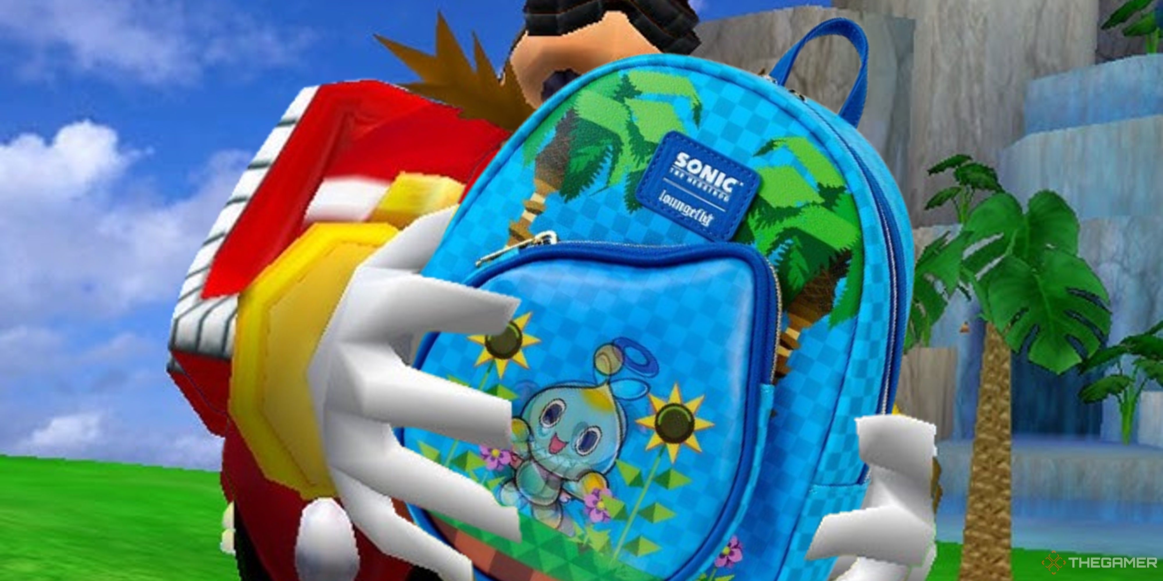 robotnik from sonic adventure holding a chao garden loungefly backpack.