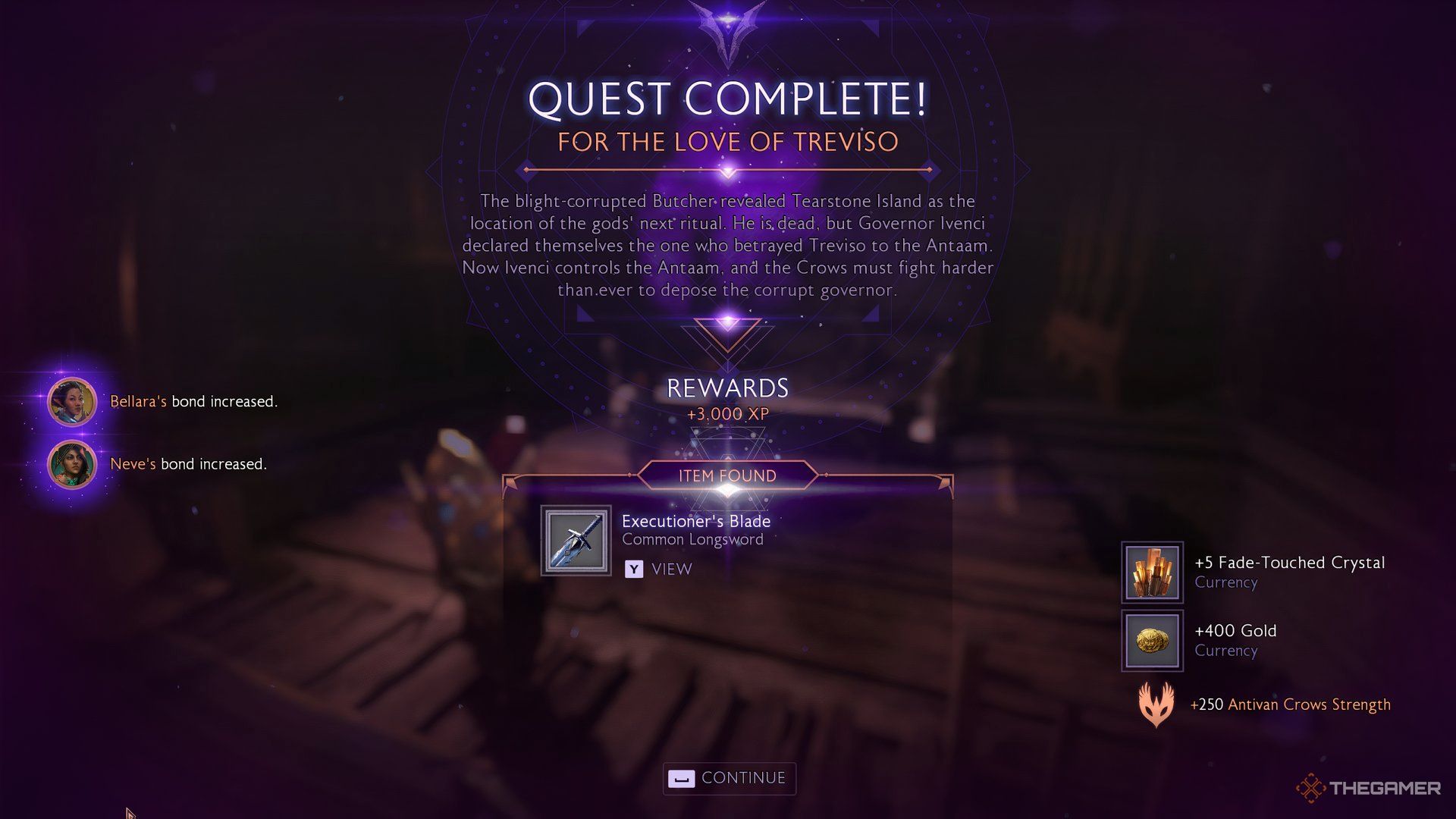 Player earning a bunch of rewards at the end of For The Love of Treviso quest in Dragon Age: The Veilguard.