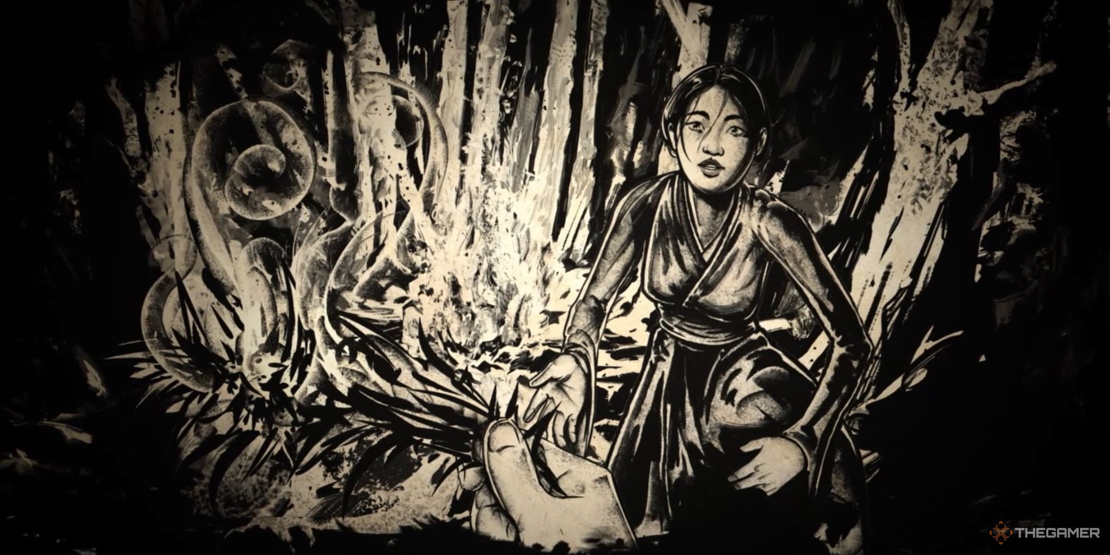 Onibaba offers the player her mask in an ink painting cutscene in Sengoku Dynasty.