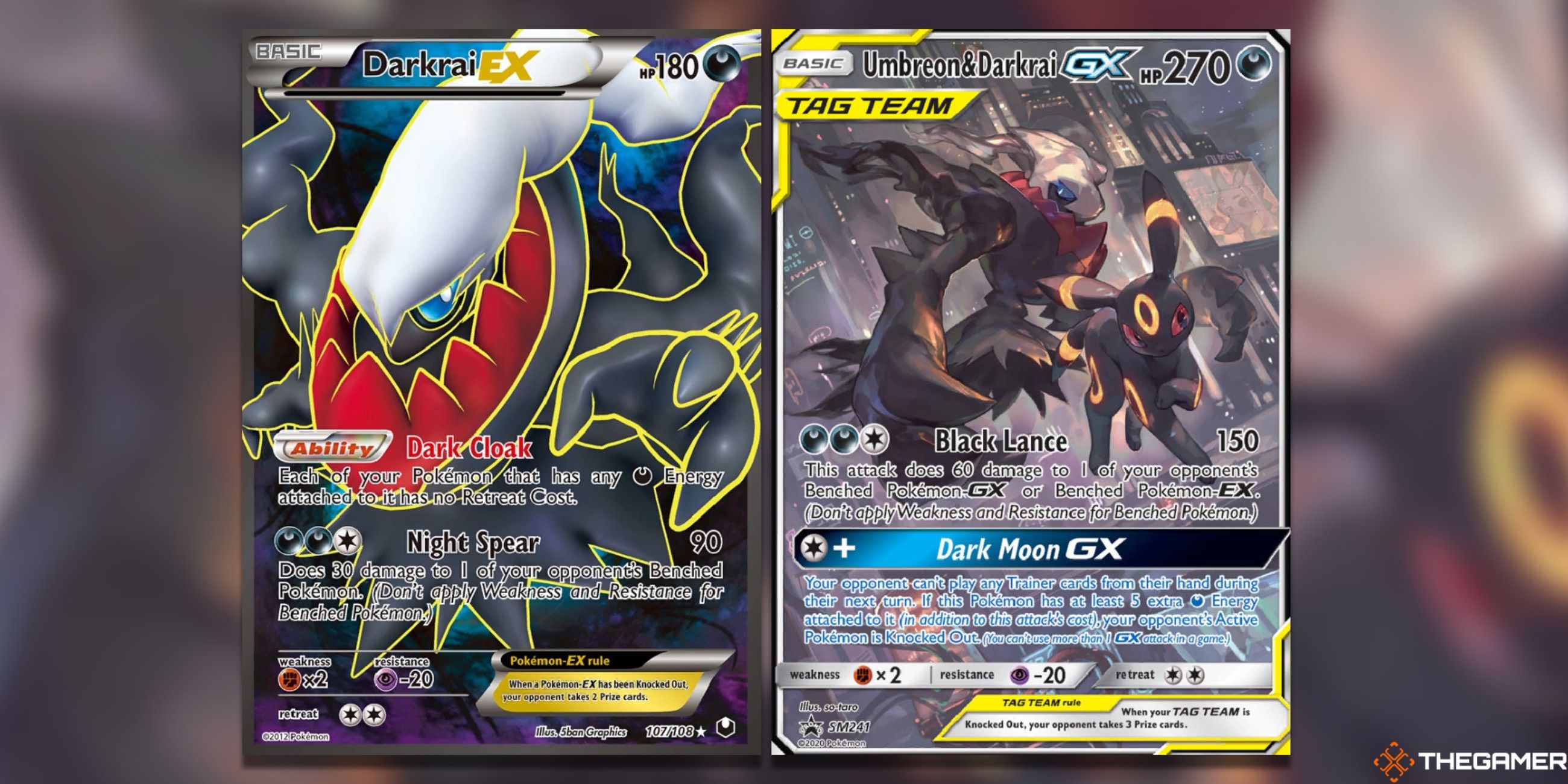 The Darkrai EX from Dark Explorers and Umbreon & Darkrai Sun & Moon prom from the Pokemon TCG.