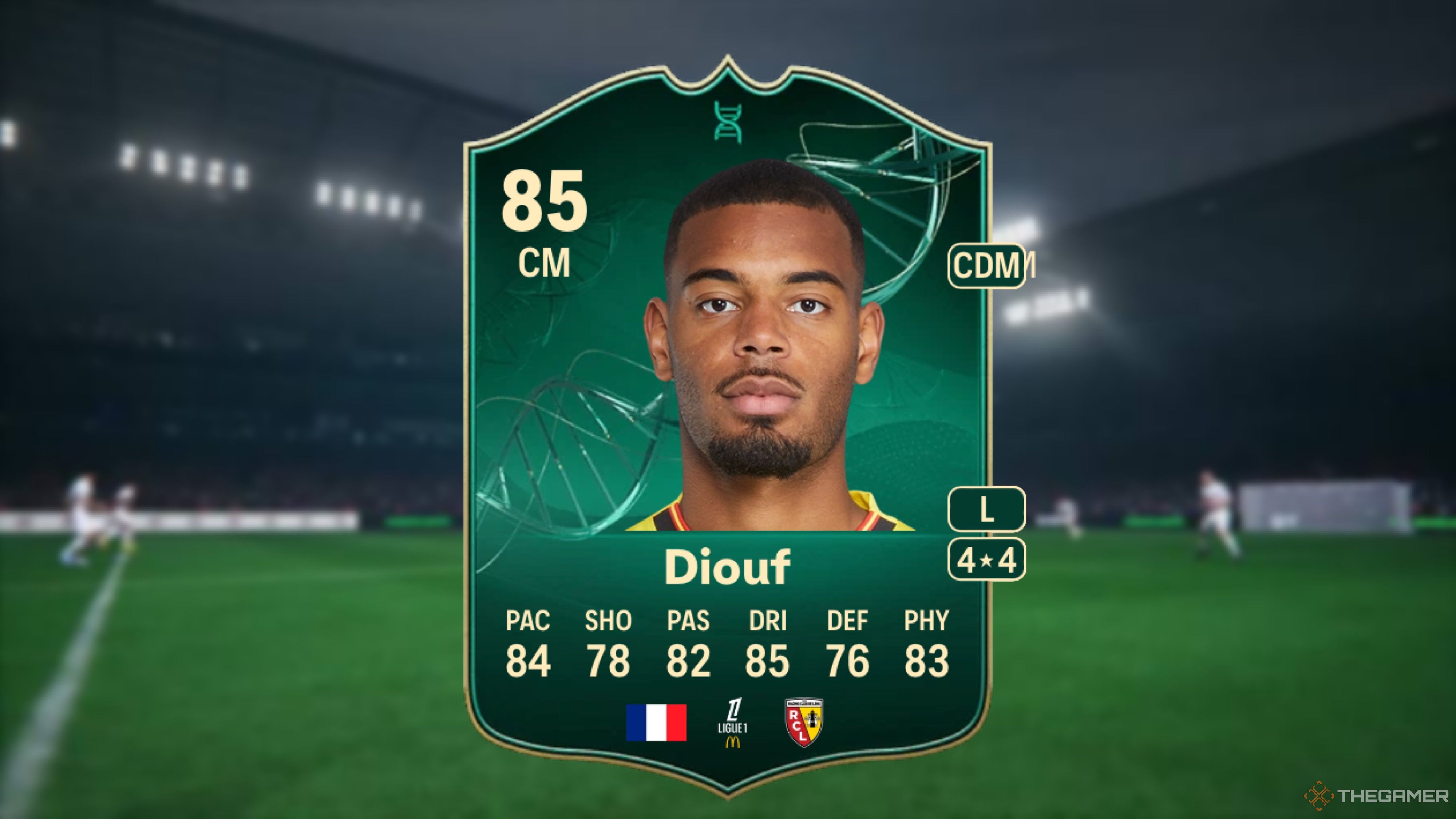 Image showing Diouf card against a faded stadium background.