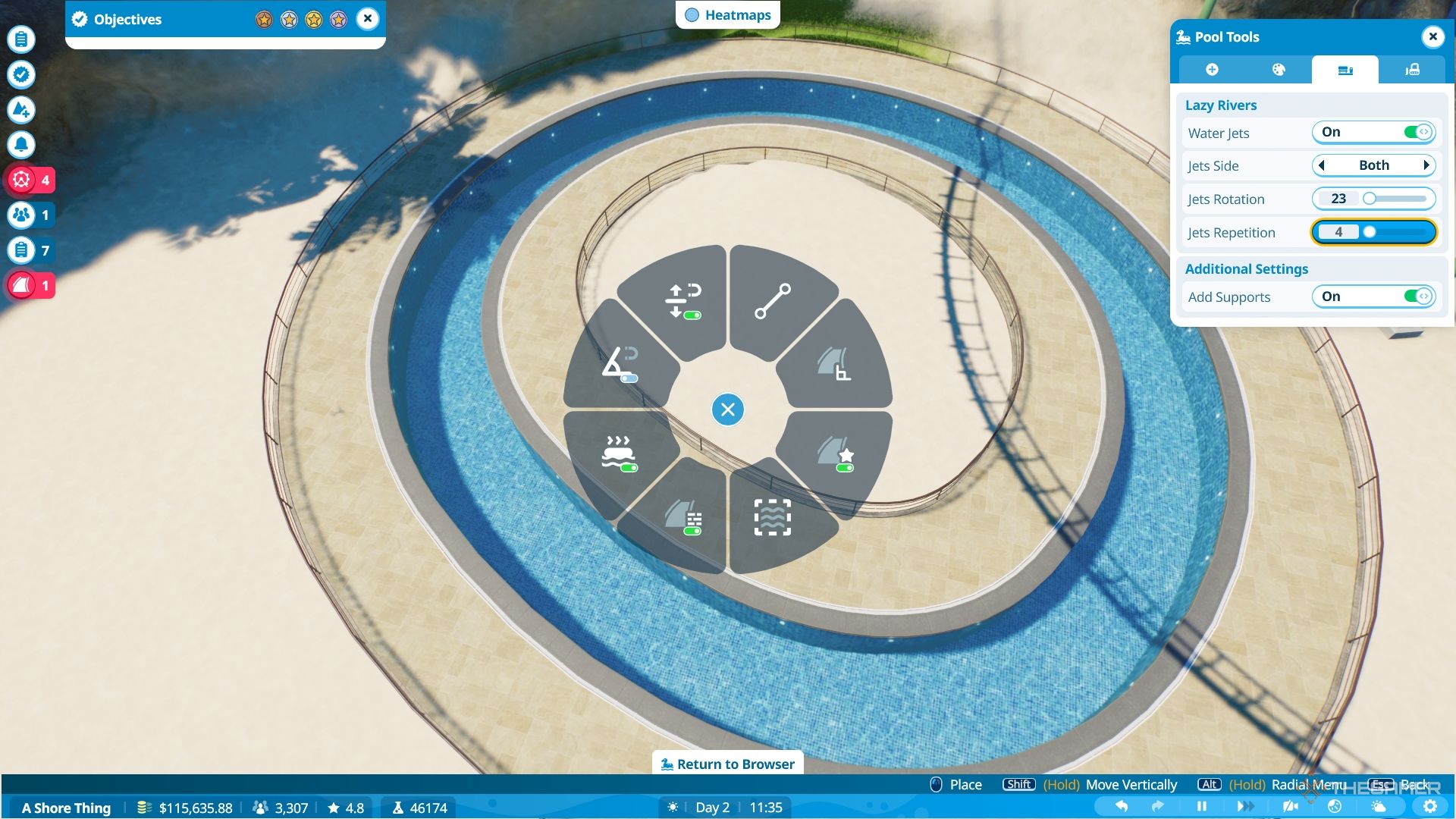 Building a circular pool to become a lazy river, with the radial menu overlayed.