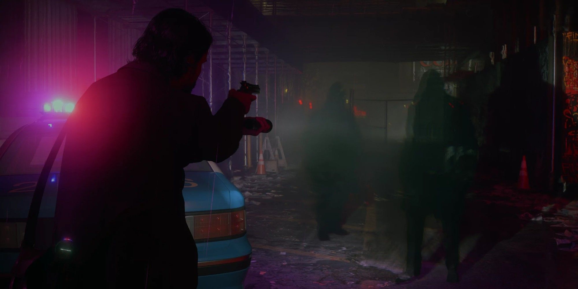 Alan aiming his revolver and flashlight at a horde of Taken as the police car is lit up with its siren.