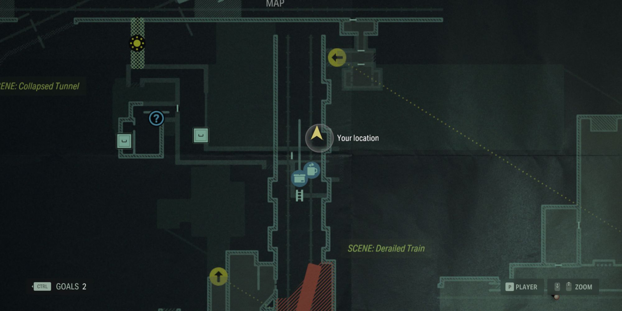 the map of the Subway Tunnels in Alan Wake 2, centered on the Break Room near the Derailed Train.