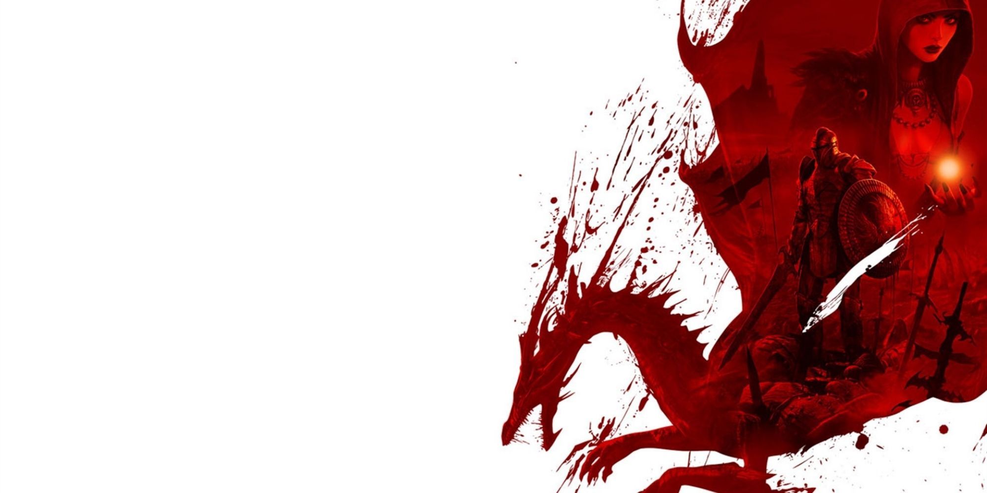 Promotional image for Dragon Age Origins featuring a bloody dragon.