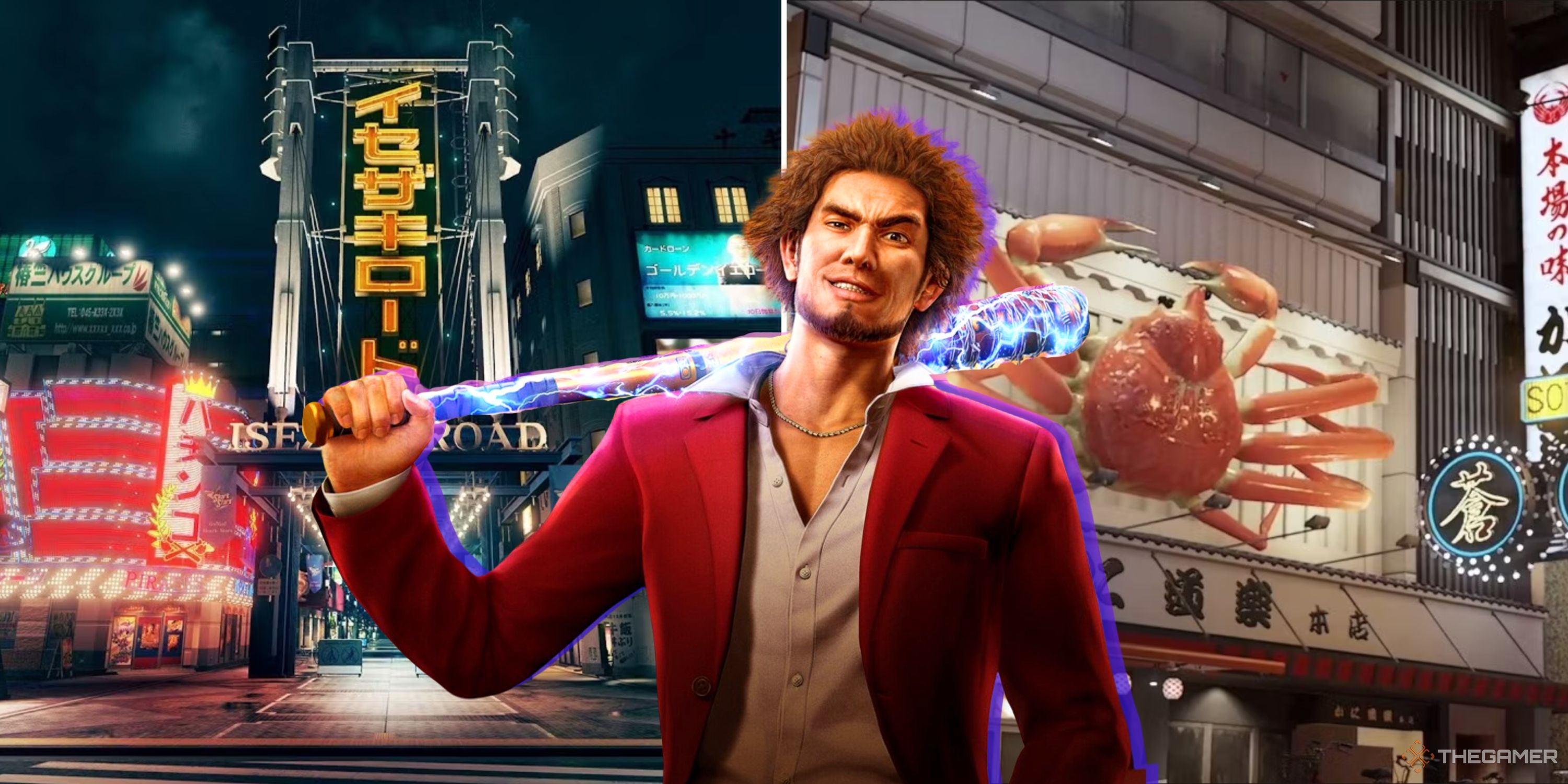 Yakuza Like A Dragon main character holding a bat on his shoulder with a split image of two restaurants in the city behind him.