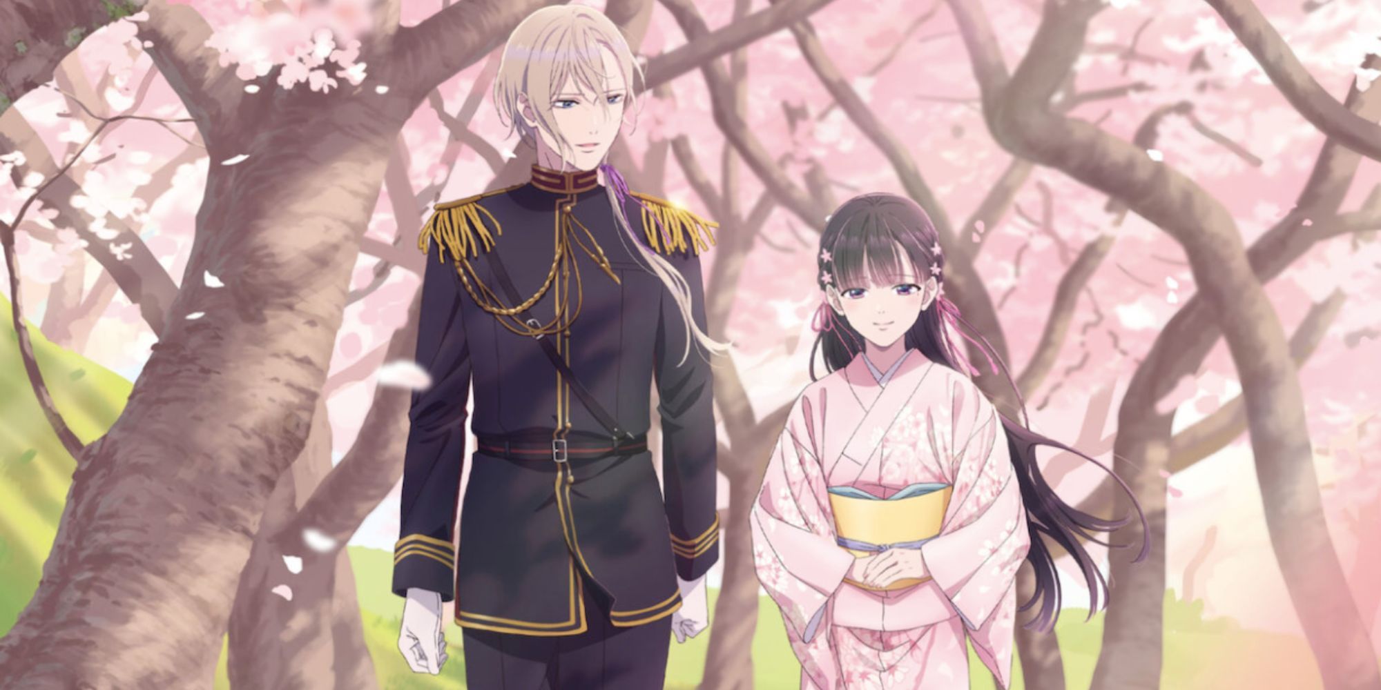 Miyou Saimori and Kiyoka Kuduo stand next to each other with trees with pink flowers in the background