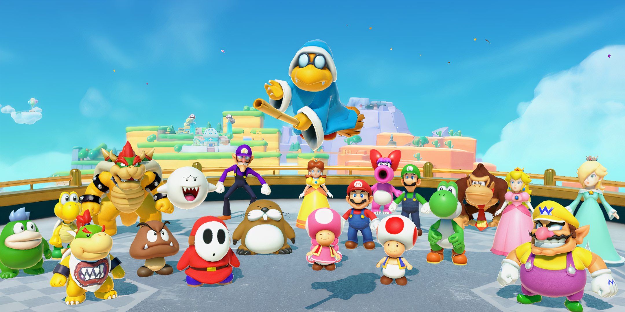 Cast Of Super Mario Party Jamboree all standing together.