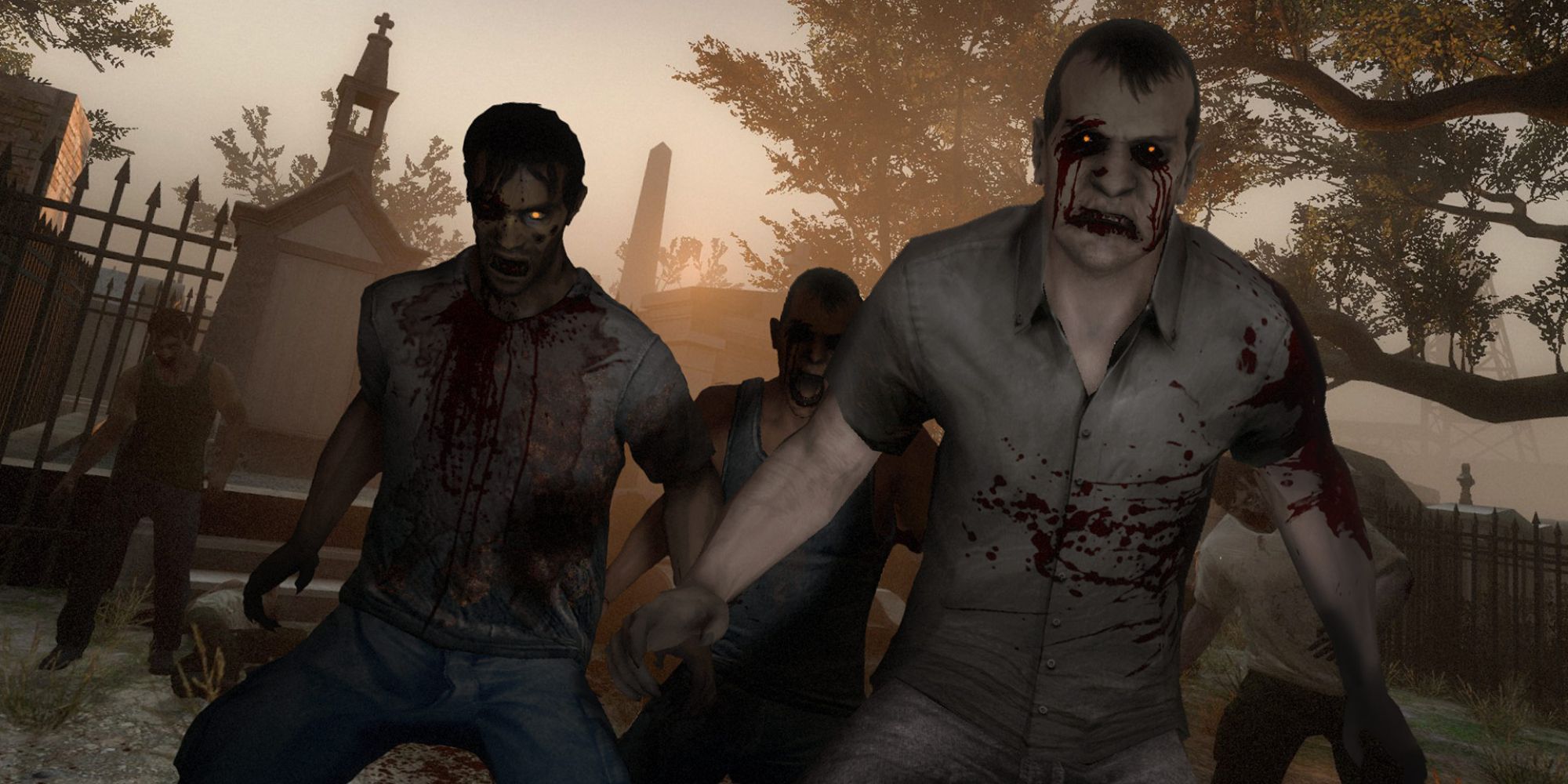 A small group of Infected zombies in a graveyard approaching the camera in Left 4 Dead 2.