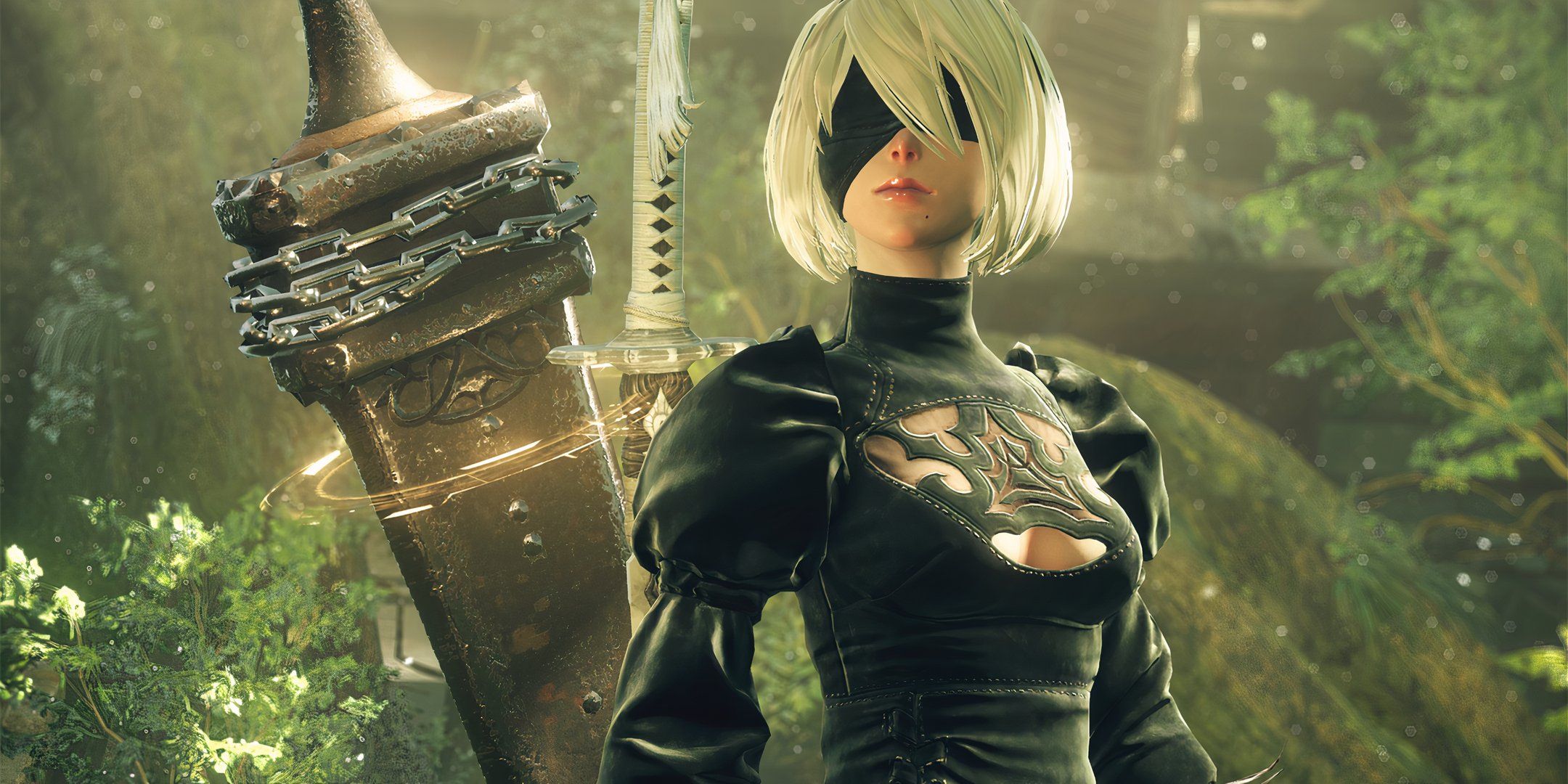 Nier Automata screenshot of 2B, looking just past the camera.